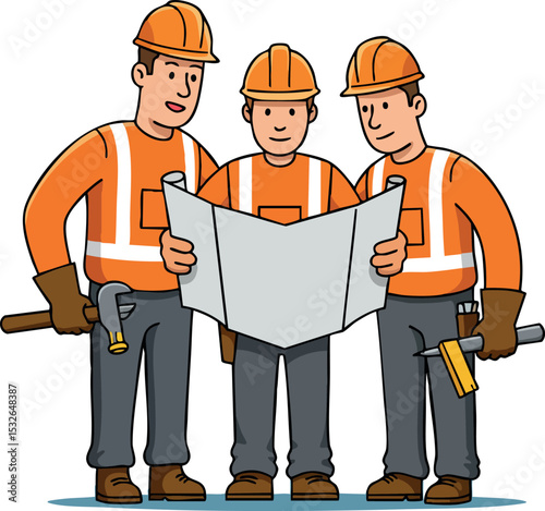 Construction workers holding blueprint wearing orange safety gear and helmets teamwork concept 
