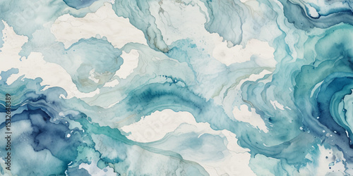 Top view on blue and white ocean wave background. Water  ocean wave white and soft blue aqua, teal and marble texture.