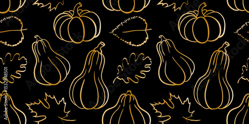elegant golden outline pumpkins autumn leaves seamless pattern black background fall harvest design luxurious minimalist festive botanical wallpaper