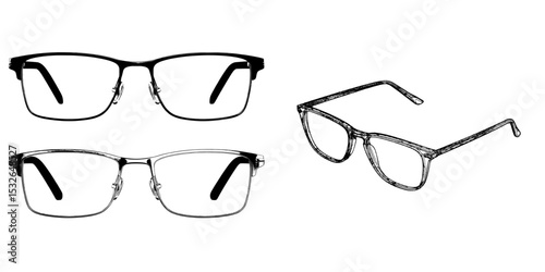 A set of modern black glasses icons are illustrated from various angles and isolated on a transparent background