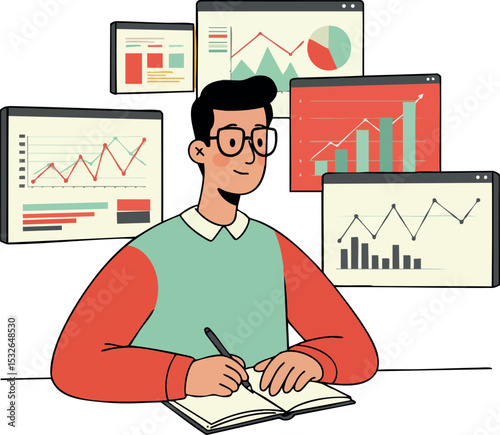 Businessman analyzing financial data charts and graphs in office environment vector illustration 