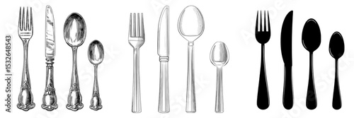 A set consisting of a fork, knife, and spoon, accompanied by a logotype menu, all presented in a flat style, featuring the silhouette of cutlery, and characterized as a modern illustration