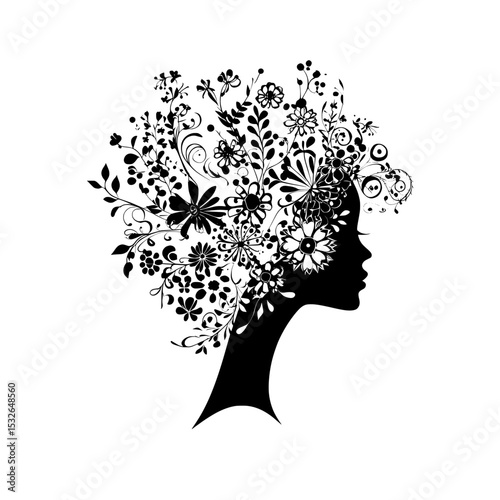This hand-drawn illustration showcases a woman's head in silhouette, her face in profile, and incorporates a vignette, all set against a clean white background in a modern style