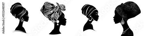 Profile of a beautiful black woman wearing a head wrap and an earring, symbolizing modern fashion design on a white background