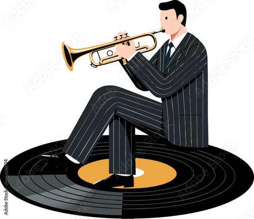Man playing trumpet sitting on large vinyl record music concept vector illustration 