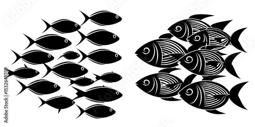 Dark silhouettes of fish grouped together, useful for designing and creating a logo