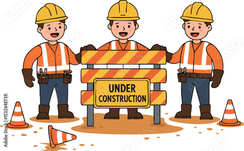 Construction workers with safety helmets and barrier under construction site vector illustration 