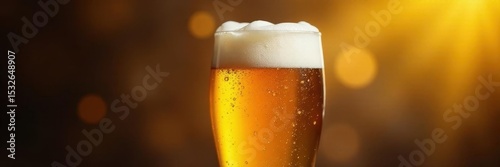 Golden beer, tulip glass, frothy head, simple background, beverage, foam, isolated
