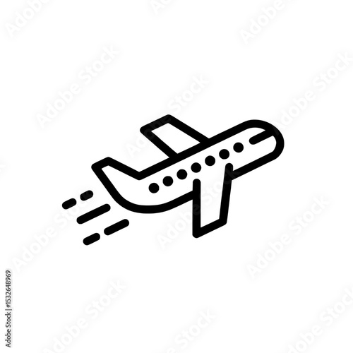 The concept of travel and transportation is illustrated through a modern depiction of a flying airplane, shown with a line, isolated on a white background