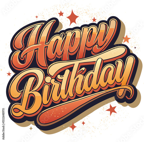 Retro Style Happy Birthday Typography with Orange Gradient and Stars on White Background