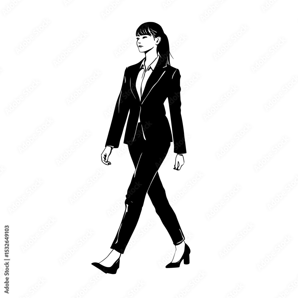 Fototapeta premium The black silhouette of a business woman in a modern format is seen taking a forward step
