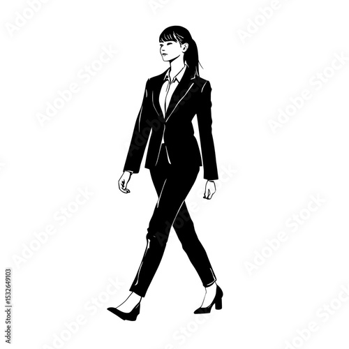 The black silhouette of a business woman in a modern format is seen taking a forward step