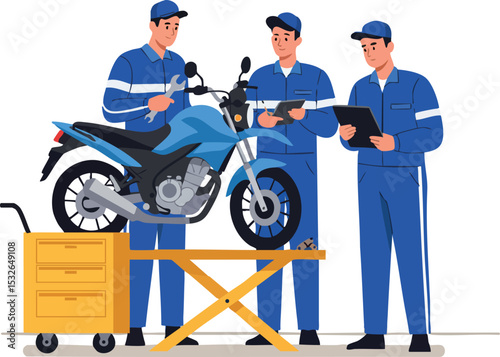 Motorcycle repair team working on blue motorbike in workshop with tools and checklist vector illustration 