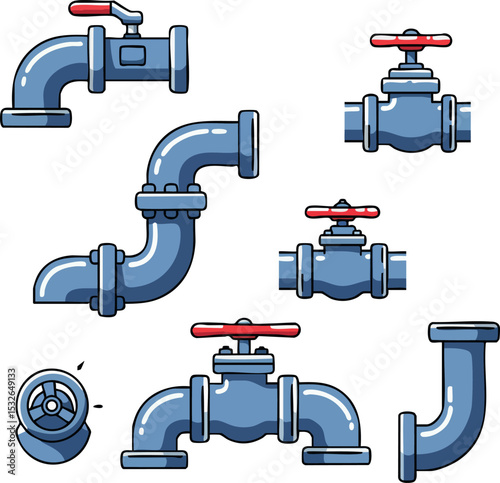 Industrial blue valve and pipe set with red handles vector illustration for plumbing systems 