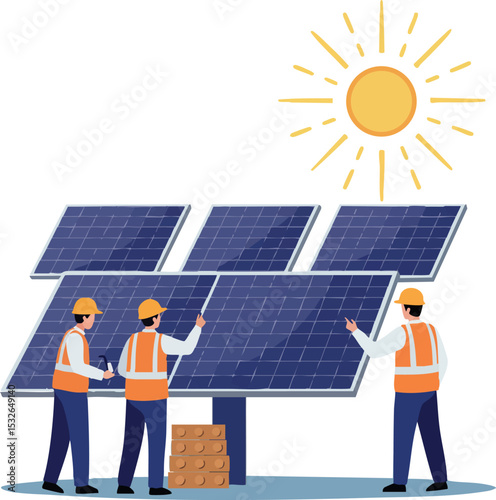 Solar panel installation workers with safety gear under bright sun vector illustration 