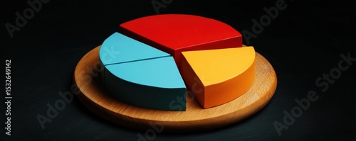 A colorful 3D pie chart with red, blue, and yellow segments displayed on a round wooden tray against a black background.