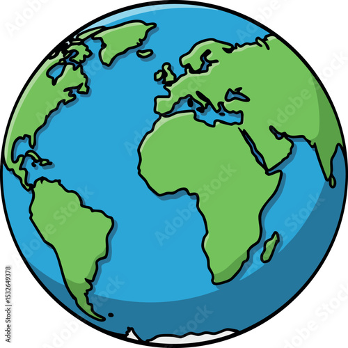 Earth globe vector illustration showing continents and oceans in green and blue colors 