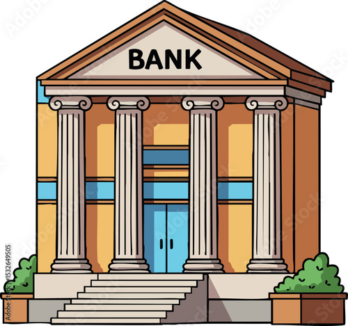 Bank building with classical columns entrance vector illustration in warm colors 