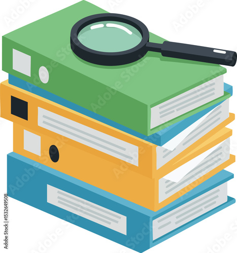 Stack of colorful binders with magnifying glass vector illustration for office organization and research 