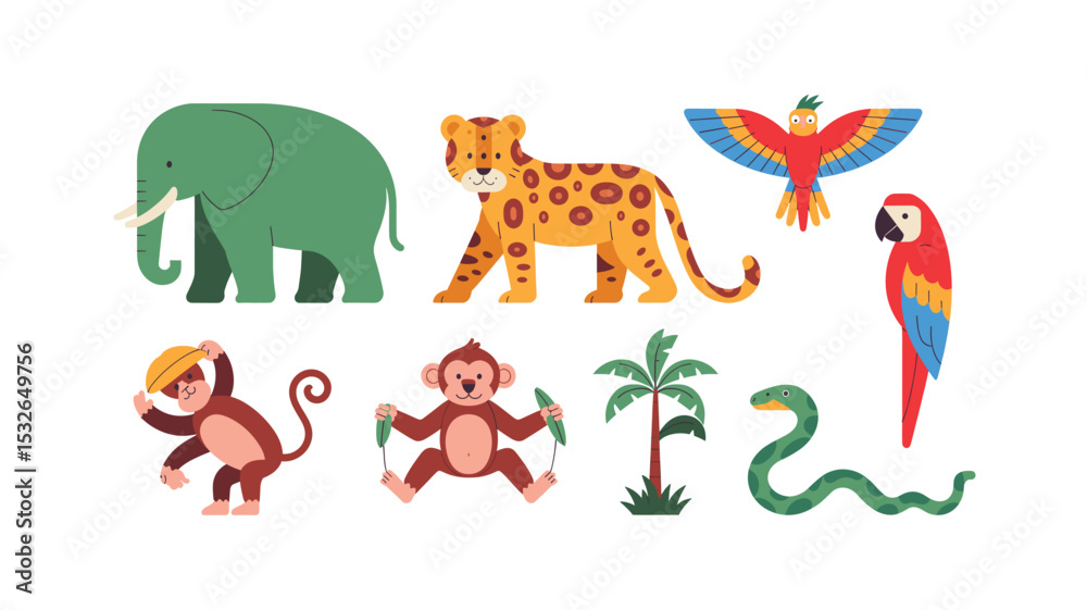 Obraz premium Colorful Jungle Animals: Elephant, Leopard, Monkeys, Parrots, Snake, and Palm Tree