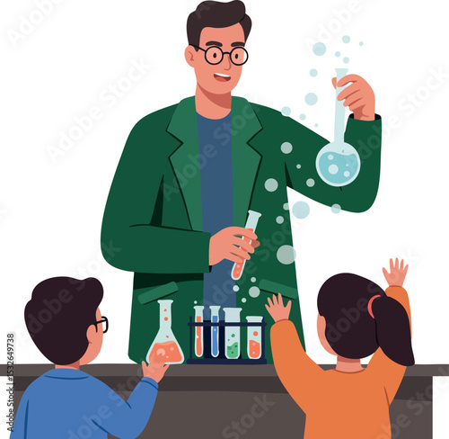 Scientist teaching children science experiment with colorful test tubes and flask in classroom vector illustration 