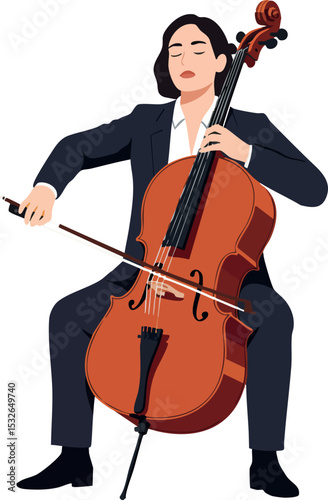 Cellist playing classical cello music with bow in performance posture vector illustration 