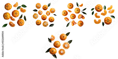 Group of ripe mandarin oranges and their segments arranged artistically on a transparent background with green leaves adding contrast and detail.