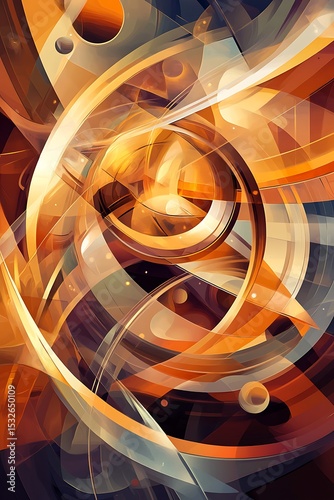Dynamic diagonal shapes and circular patterns, warm and cool tones creating a smooth and balanced design 