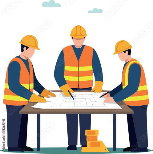 Construction workers planning building project with safety helmets and reflective vests vector illustration 