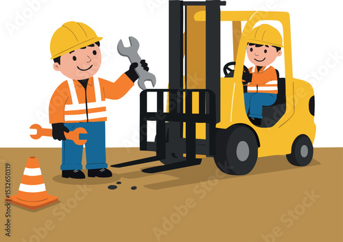 Construction workers repairing forklift with tools and safety gear vector illustration 