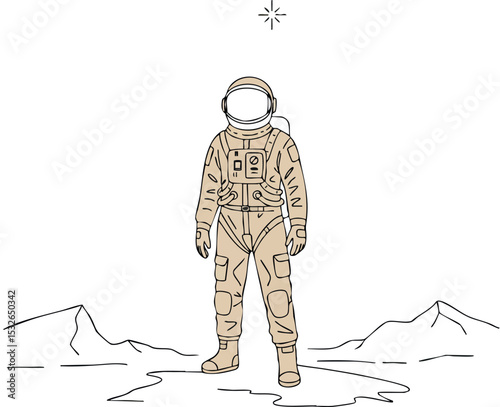 Astronaut standing on alien landscape with star in night sky vector illustration 