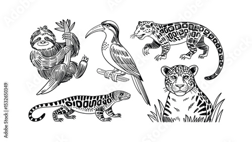 Hand-drawn vector illustration of animals in jungle like sloth and jaguar