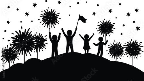 Silhouette Children enjoying Firework.