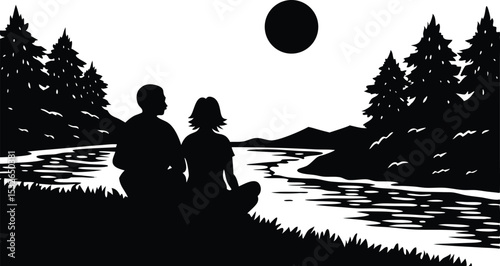 Silhouette two people sitting by the river side, Couple enjoying the sunset.