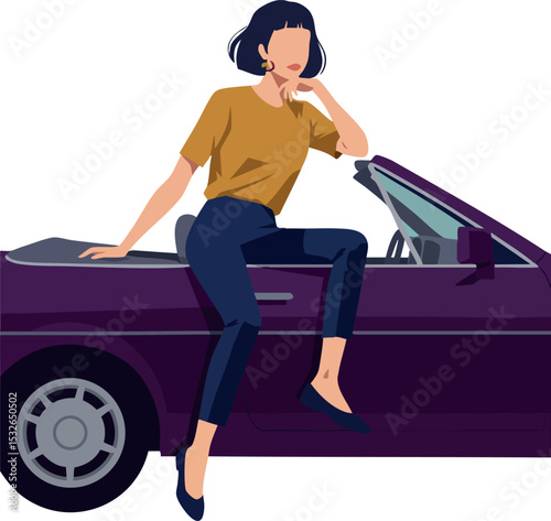 Woman sitting on purple convertible car door wearing mustard shirt and navy pants casual style vector illustration 