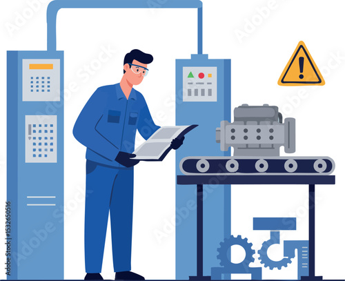 Factory Worker Inspecting Engine on Conveyor Belt in Industrial Manufacturing Setting 