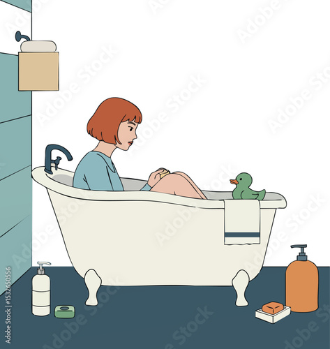 Woman relaxing in bathtub with rubber duck and bath products vector illustration 