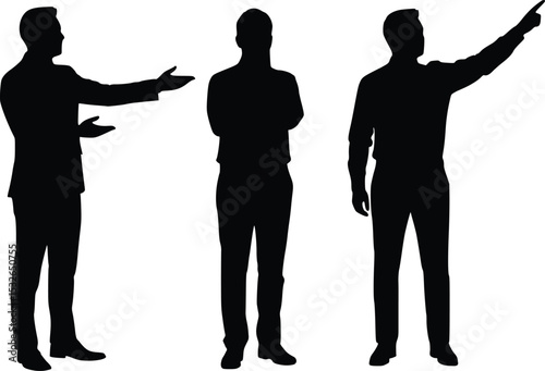 Silhouette illustration of three standing men communicating with gestures, symbolizing teamwork and collaboration

