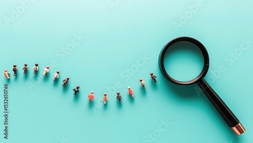 Miniature people walking in a curved line towards a magnifying glass on a turquoise background, symbolizing focus or analysis.