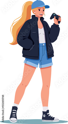 Young woman gamer holding controller in casual outfit vector illustration