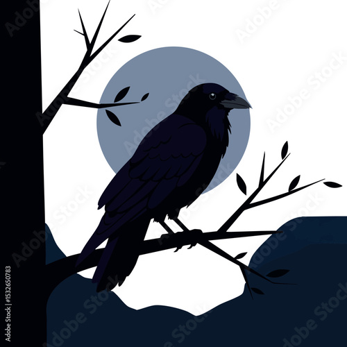 Black crow perched on tree branch with blue moon background nature vector illustration 