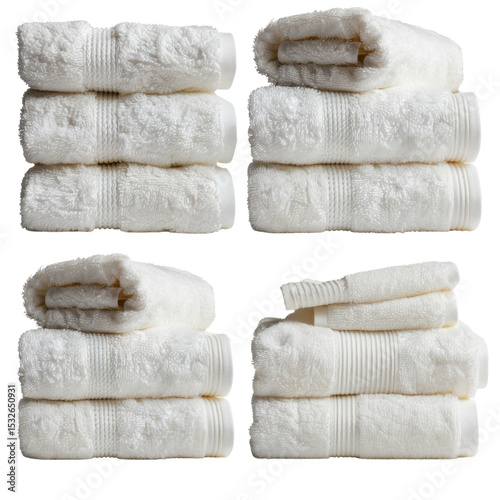 Soft towels stacked neatly in various arrangements, showcasing their plush texture and elegant design. Perfect for adding touch of luxury to any bathroom or spa setting