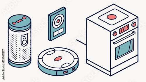 Isometric illustration of a smart speaker, smart display, robot vacuum, and oven appliance set up