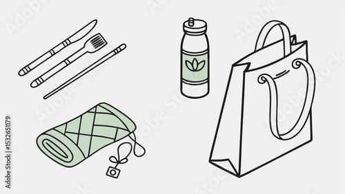 Illustration of reusable items including cutlery, water bottle, yoga mat and shopping bag set up neatly