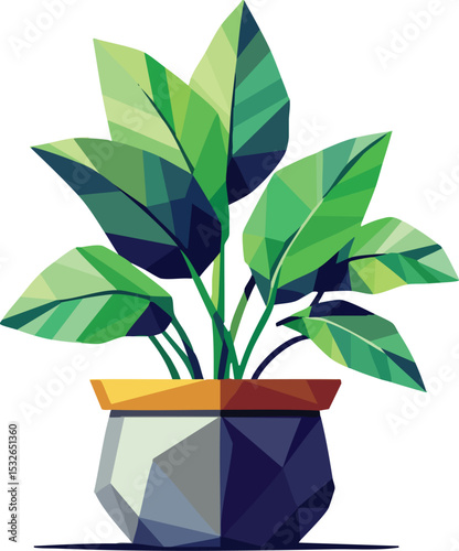 Geometric illustration of a potted houseplant with large green leaves on white background.