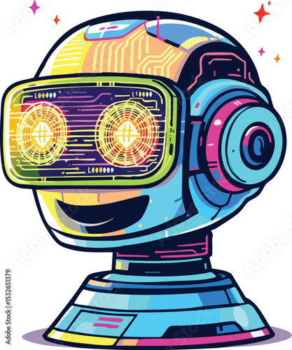 Futuristic cyborg head wearing virtual reality headset and exploring digital circuitry concepts.