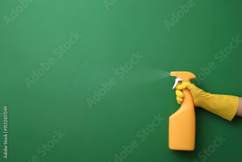 A hand wearing a yellow glove sprays liquid from an orange spray bottle against a green background.