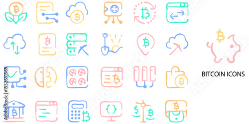 Bitcoin simple concept 24 Hand drawn color icons set .Vector illustration.