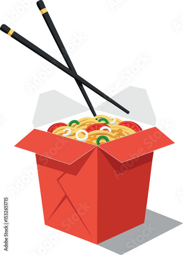 Chinese food takeout box with noodles and chopsticks illustration vector image 