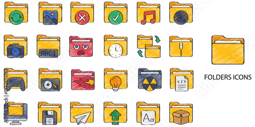 Folders simple concept 24 hand drawn color icons set .Vector illustration.